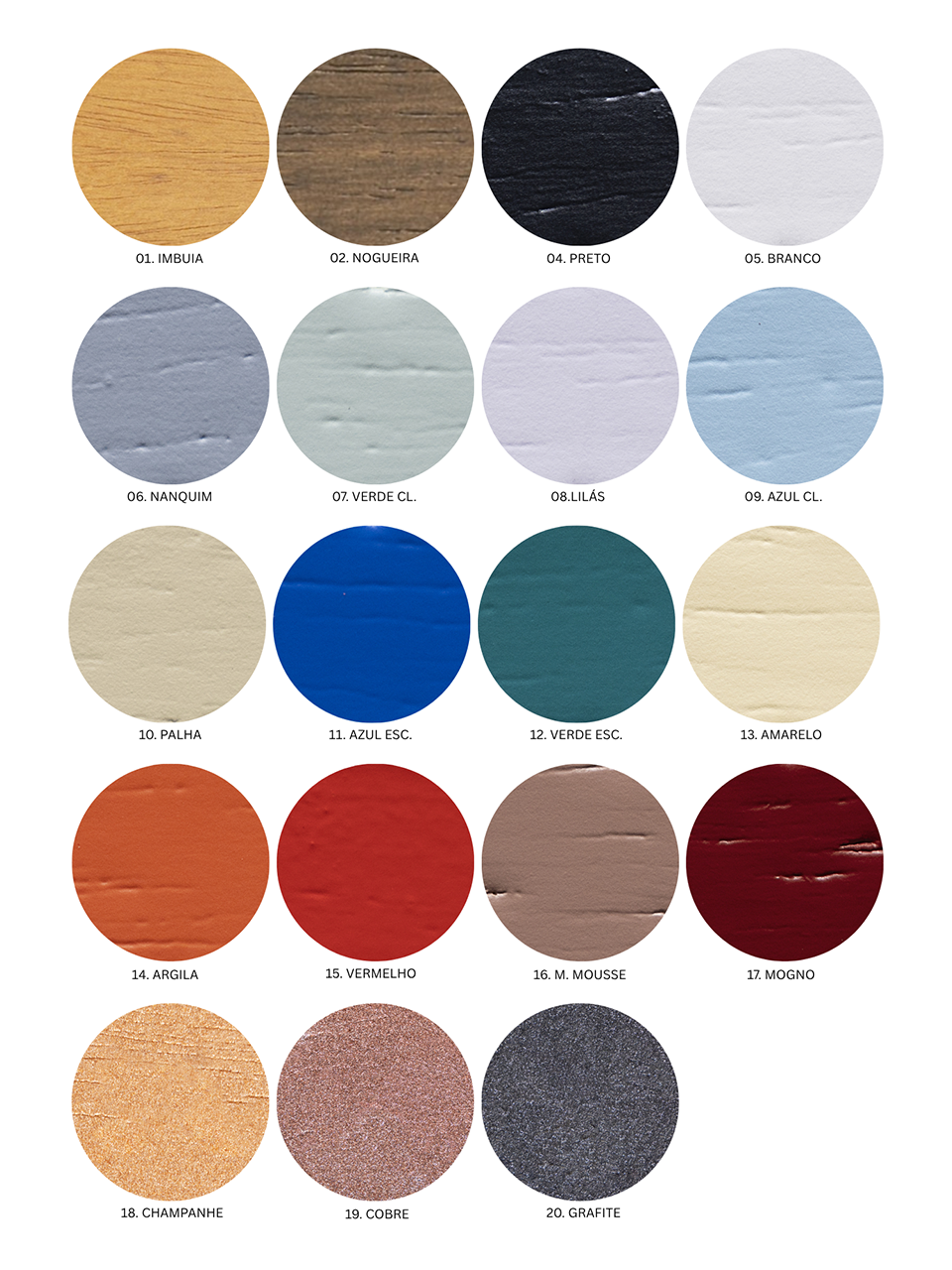 Imagem com 20 opções de cores para arandela de parede Lacas de Madeira Lisa Rústica Camélia da Attimo, incluindo tons de madeira, preto, branco, azul, verde, amarelo, vermelho, champanhe, cobre e grafite.